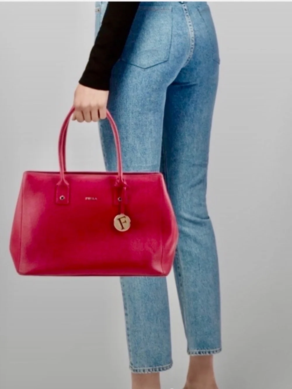 Furla Linda Saffiano Red Leather Top Handle Tote Bag Purse w/ Dustbag EUC